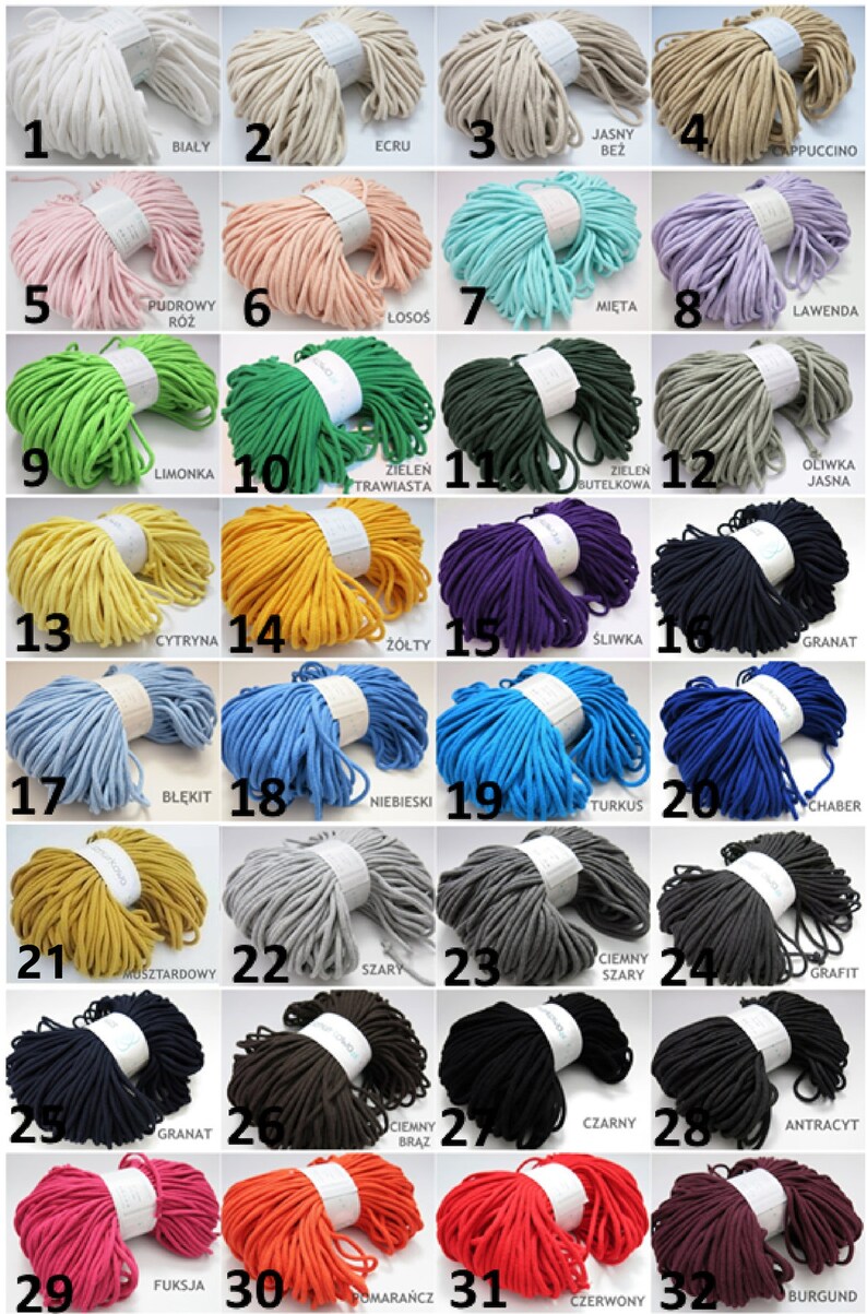 May include: A collection of 32 spools of cotton cord in various colors, including white, beige, pink, green, yellow, blue, gray, black, red, and purple. Each spool is labeled with a number and a color name in Polish.
