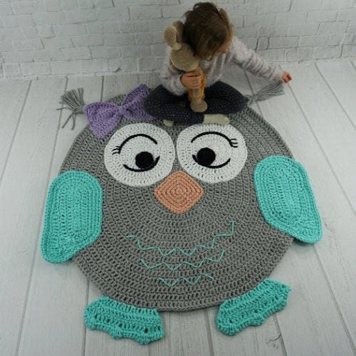 Crochet Owl Rug: Handmade Cotton Baby Play Mat, Nursery Decor