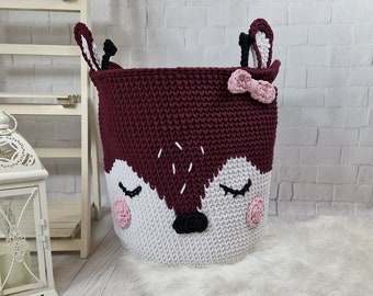 Burgundy deer basket Crochet basket deer nursery decor Woodland room decor Woodland nursery basket Brown basket for toys Storage basket