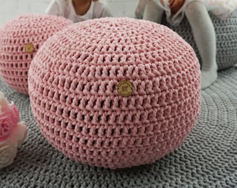 Blush pink crochet pouf Ottoman Nursery footstool Round floor seating pillow Knit pouffe Dusty pink nursery decor Gifts for new Parents