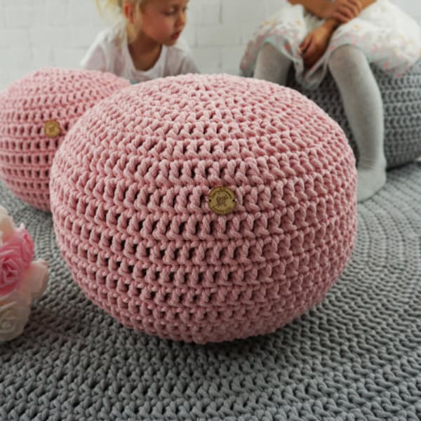 Blush pink crochet pouf Ottoman Nursery footstool Round floor seating pillow Knit pouffe Dusty pink nursery decor Gifts for new Parents