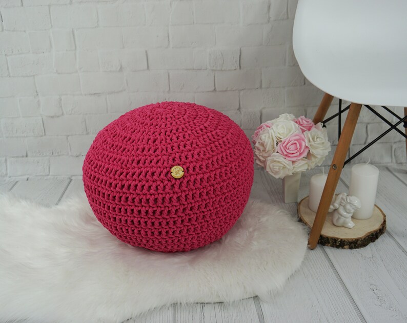 Round floor Ottoman pouf for baby room Meditation pillow Footstool Pillow Bean Bag Floor cushion Knit nursery pouf Fuchsia crochet pouf image 2