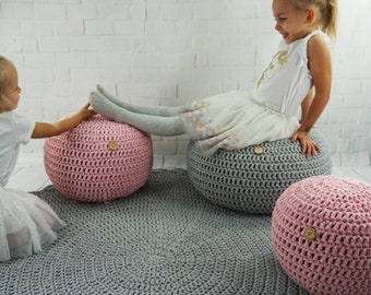 Blush pink crochet pouf Ottoman Nursery footstool Round floor seating pillow Knit pouffe Dusty pink nursery decor Gifts for new Parents