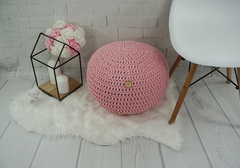 Blush pink crochet pouf Ottoman Nursery footstool Round floor Etsy