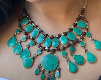 Collier turquoise bohème,  collier plastron ethnique, collier turquoise, collier ethnique, collier bohème afghan, collier afghan,