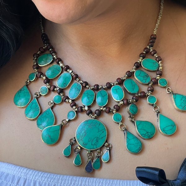 Collier turquoise bohème,  collier plastron ethnique, collier turquoise, collier ethnique, collier bohème afghan, collier afghan,