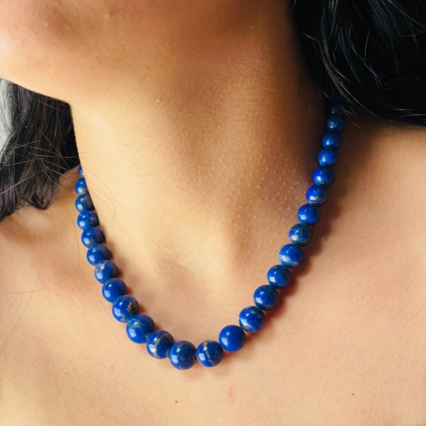 Collier de mariage lapis lazuli, collier perles ronde lapis-lazuli, Collier pierre lapis-lazuli