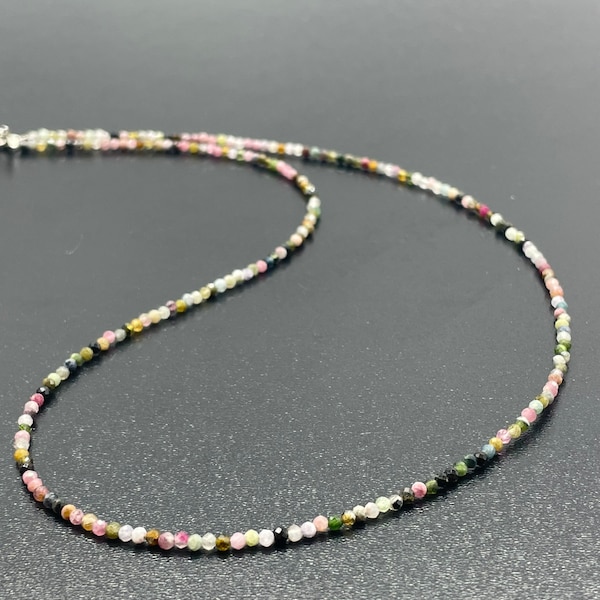 Collier de perles naturelles Tourmaline multicolore 3mm | Tourmaline facettée 3mm | collier Tourmaline  délicate