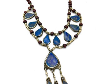 Collier ethnique / collier lapis lazuli - Collier Kuchi en Lapis Lazuli, grelots et perles en laiton / Bijoux bohème ethnique Boho afghan