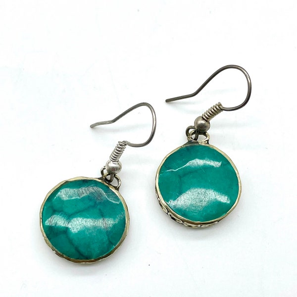 Boucles d'oreilles bohème - boucle d'oreille verte ronde - pierre turquoise verte  #BU