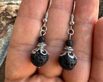 Volcanic bead earring / black lava stone earring / natural stone earring