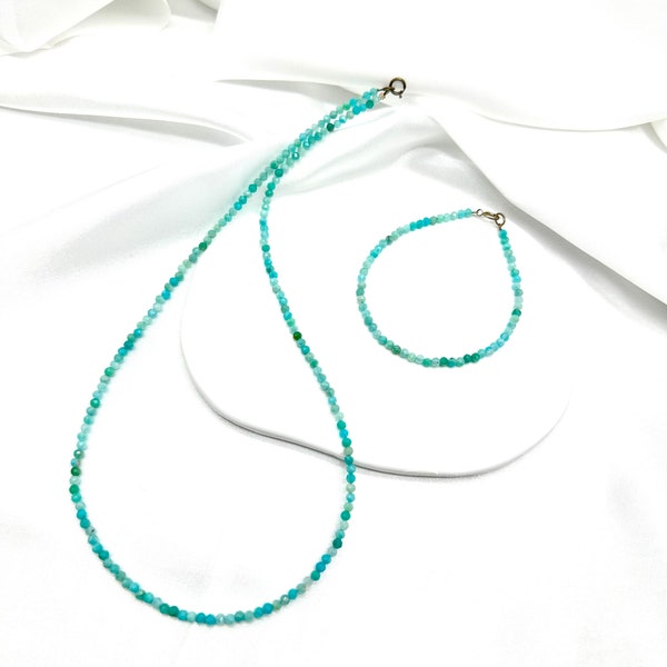 Collier délicat en perles facetté pierre aigue marine / ensemble de collier et bracelet en pierre naturelle Cadeau unique / collier 47cm