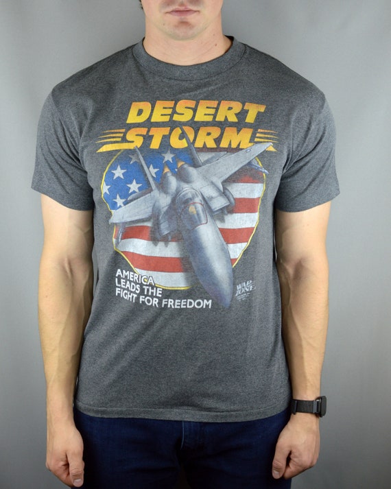 Vintage 3D Emblem Desert Storm War Zone Just Brass 1991 T Shirt
