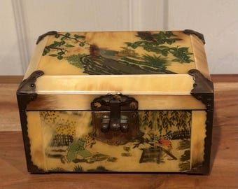 Vintage Korean Jewelry Box OX HORN Reverse Painted RARE Beautiful