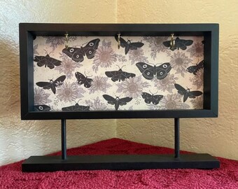 Cottage Core Tabletop Key Hook Stand - Floral Moth Sign Decor