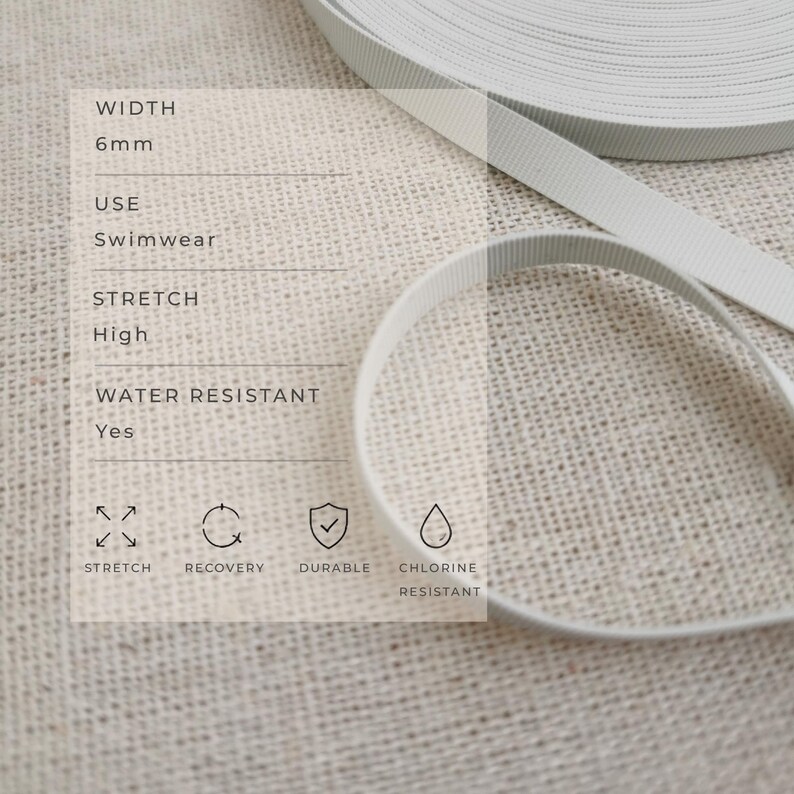 May include: A spool of white elastic ribbon with a width of 6mm. The text on the image specifies high stretch, water resistance, and chlorine resistance. Icons indicate features including stretch, recovery, durability, and chlorine resistance.