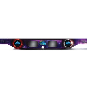 May include: A pair of black eclipse glasses with a purple and black galaxy design. The glasses have the text "Annular Eclipse October 14, 2023" and "Total Eclipse April 8, 2024" printed on them.