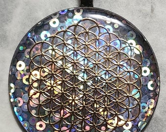 Talisman Pendant | Gold Fruit of Life Pendant | Holographic Dots Pendant | 37mm | UV Resin Pendant | Hologram