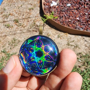 Holographic Pendant | Talisman Pendant | Atomic Pendant w/Glass Cabochon | Hologram w/ Sacred Geometry