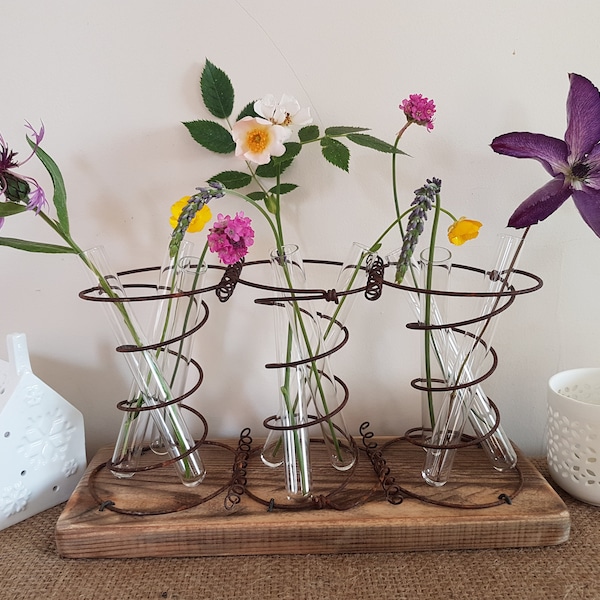 Test tube vase Reclaimed Rustic Flower 3 Bed spring Stem Bud Vintage Primitive Table Wedding Upcycled