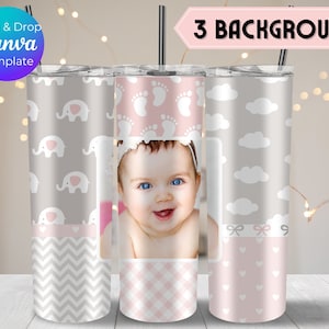 Baby foto Tumbler Wrap, pasgeboren foto Cup, Kid fotocollage Tumbler sjabloon, Canva sjabloon