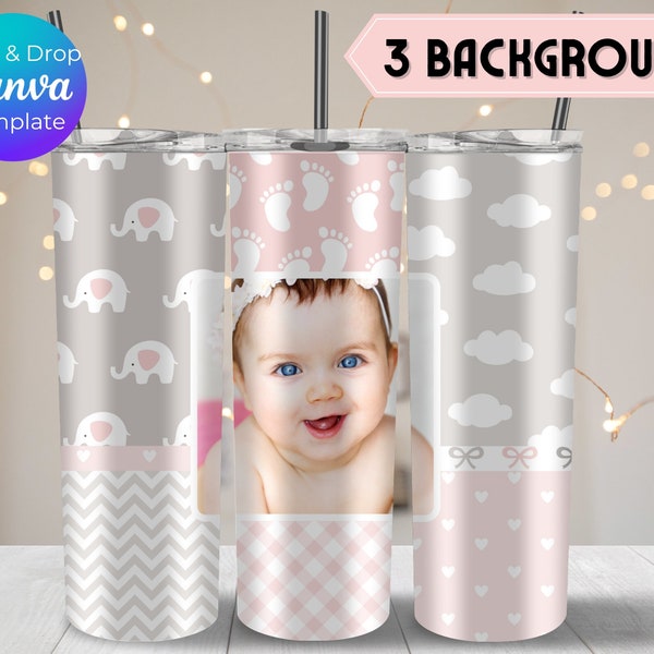 Baby Photo Tumbler Wrap, Newborn Photo Cup, Kid Photo Collage Tumbler Template, Canva Template