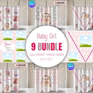 9 Bundle Baby Girl Tumbler Wrap, Baby Photo Tumbler Wrap, Newborn Photo Cup, Kid Photo Collage Tumbler Template, Canva Template