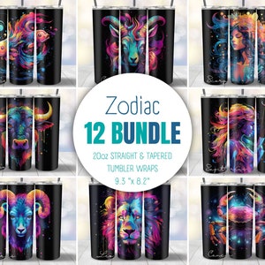 Zodiac Bundle 20 oz Skinny Tumbler Sublimation Design, Digitale Download, Rechte & Taps toelopende Tumbler Wrap PNG, Rainbow Star Sign Galaxy