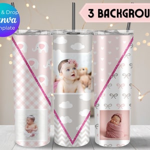 Baby Photo Tumbler Wrap, Newborn Photo Cup, Kid Photo Collage Tumbler Template, Canva Template