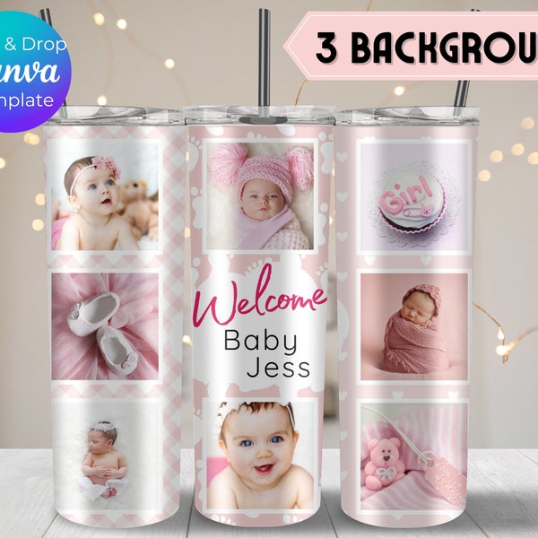 Baby Photo Tumbler Wrap, Newborn Photo Cup, Kid Photo Collage Tumbler Template, Canva Template