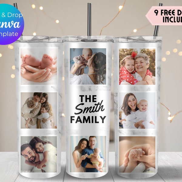 Add Own Text, Add Own Photo, Custom Photo Tumbler Template, Canva Template Sublimation Photo Collage 20oz Skinny Tumbler, White Marble
