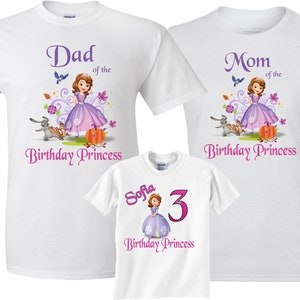 May include: White t-shirts with a princess theme. The shirts feature a cartoon princess with a purple dress, a pumpkin, and a squirrel. The text on the shirts reads "Dad of the Birthday Princess", "Mom of the Birthday Princess", and "Sofia 3 Birthday Princess".