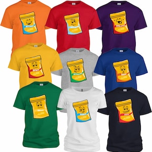 May include: Nine different t-shirts featuring a cartoon chip bag with various flavors, including Salt & Vinegar, Sour Cream & Onion, Spicy, Barbecue, Ranch, and Salty. Each chip bag has a different facial expression.