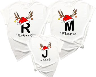 Reindeer Santa Christmas custom your initial name Family Adult kids Group matching PJ shirt