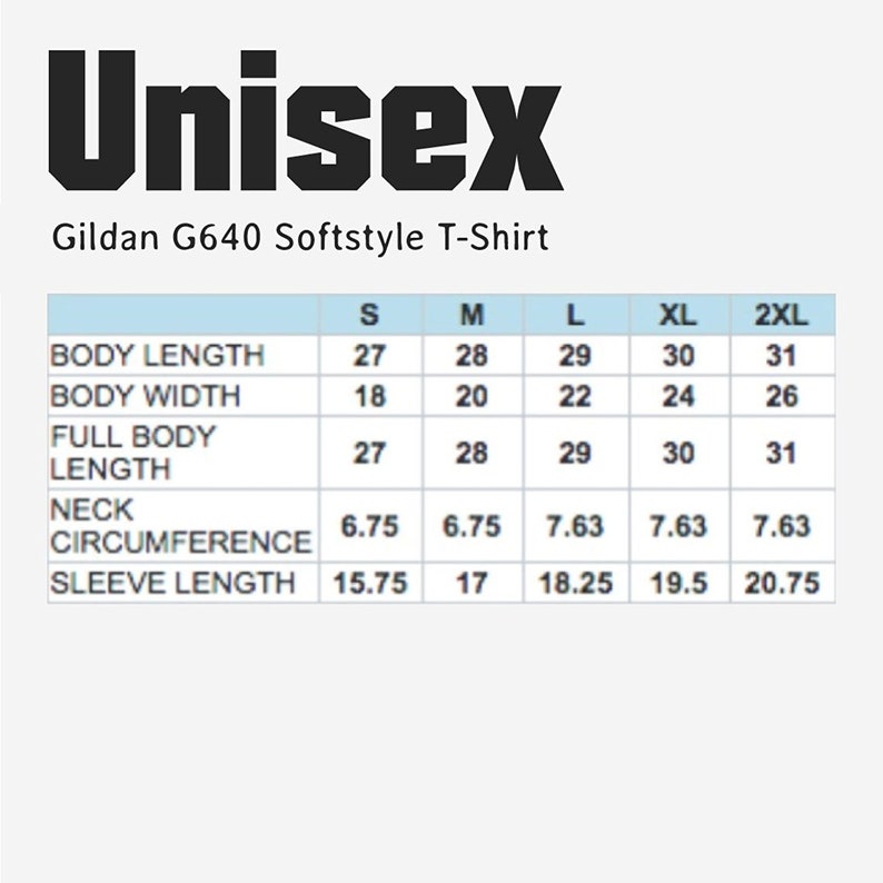 Op de afbeelding: Maattabel voor een Gildan G640 Softstyle T-Shirt, met afmetingen in inches voor lichaamslengte, lichaamsbreedte, totale lichaamslengte, nek omtrek en mouwlengte voor maten S, M, L, XL en 2XL.