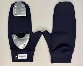 May include: A pair of navy blue tap mitts with silver metal tap plates. The mitts have a fingerless design with the text "SUPER H-3" on the top plate and "SUPER" on the bottom plate. A small label reads "M VICTORIA NOORE".