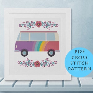 VW Bus Cross Stitch Pattern Hippie Rainbow Bus PDF Instant Download Printable Chart Cross Stitch Vintage Home Decor