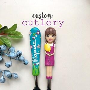 Personalized Child Cutlery Set: Polymer Clay Girl Figurine Fork, Spoon