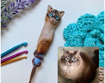 Cat or dog any breed custom crochet hook, Clay pet figurine covered hook, Fun crochet gift, Cat or dog lover crochet hook