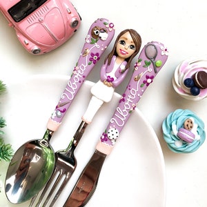 Personalized Polymer Clay Cutlery Set: Custom Girl Portrait Gift