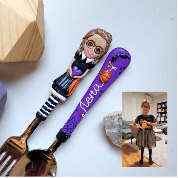 Halloween girl cutlery set, Girl figurine fork, Spoon with name, Original keepsake gift for children, Polymer clay personalized silverware