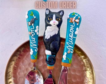 Personalisieren Sie Ihre Katzen- oder Hundefigur im Besteckset, handgefertigtes Weihnachtsgeschenk für Kinder