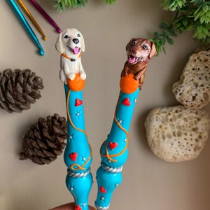 Dog or Cat custom crochet hook, Ergonomic arthritis friendly hook, Any Dog Cat breed figurine Polymer clay covered hook, Pet Keepsake croche image 7