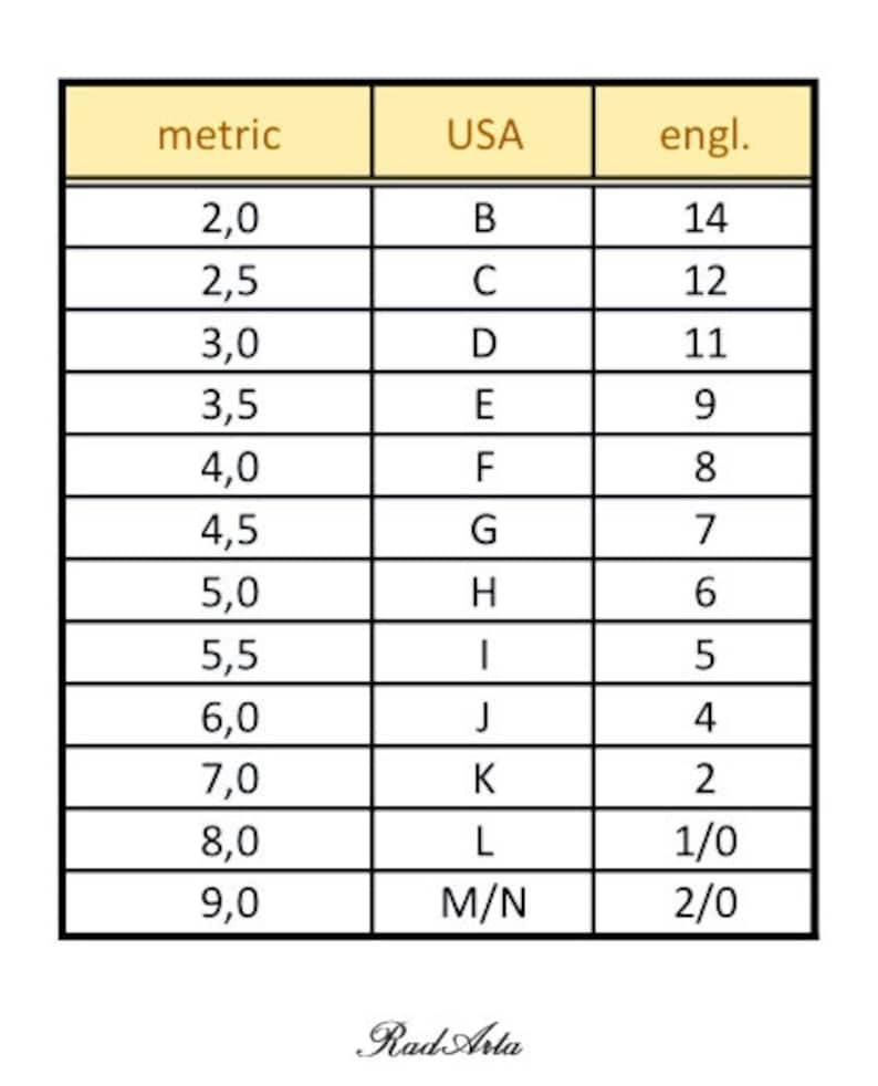 May include: A chart showing the conversion between metric, USA, and English sizing for clothing. The chart shows sizes from 2.0 to 9.0 in metric, B to M/N in USA sizing, and 14 to 2/0 in English sizing.
