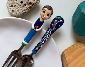 Baby boy personalized cutlery set, Boy figurine silverware, Original gift for kid, Polymer clay handmade cutlery