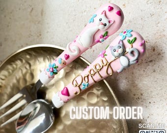 Personalisierte Katze Besteck Set, Polymer Clay Baby Girl Geschenk, Geburtstagsgeschenk für Baby-Mädchen