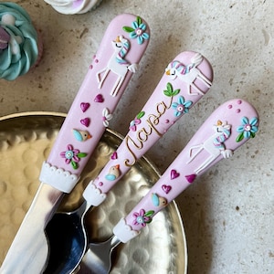 Personalisiertes Einhorn Besteck Set: Handgemachtes Geburtstagsgeschenk aus Polymer Clay