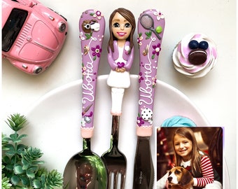 Custom Cutlery for Girl, Original Christmas Gift for girl, Polymer clay figurine girl portrait, Personalized Polymer Clay Cutlery