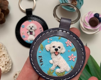 Any breed dog portrait keychain, Personalized leather keychain, Polymer clay pet portrait, Original dog lover gift