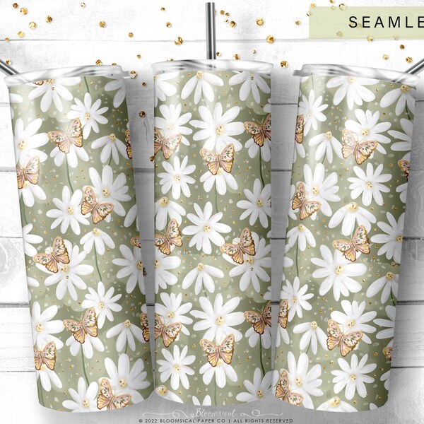 Spring Daisies Tumbler png | Floral & butterflies Sublimation Design, 20 oz Tumbler Wrap png